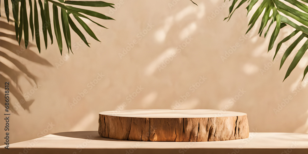 Natural log wood podium table in sunlight, tropical tree shadow. product display background. Natural log wood podium table in sunlight, tropical tree shadow. product display background.