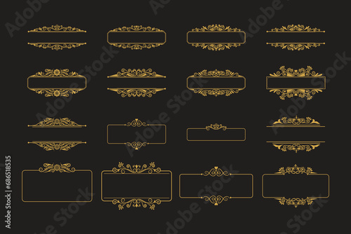 set of Golden Vintage frame Ornament . Golden Border ornament with crown. Vintage Name Tag ornament. Suitable for wedding invitation card.