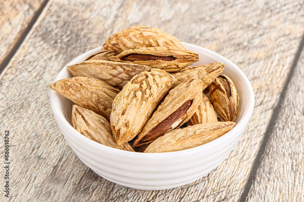 Shelled dry almond nut heap