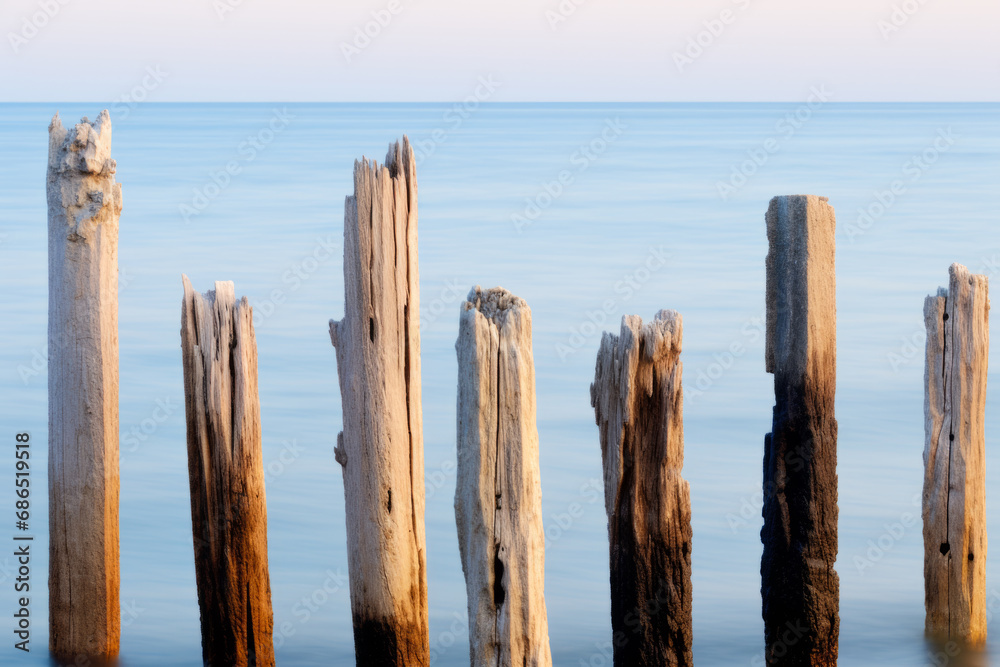 A row of wooden posts in the water on a beach A row of wooden posts in the water on a beach