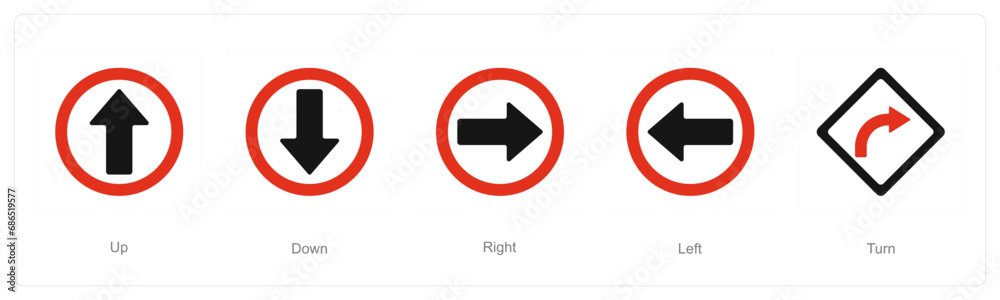 A set of 5 Direction icons as up, down, right A set of 5 Direction icons as up, down, right