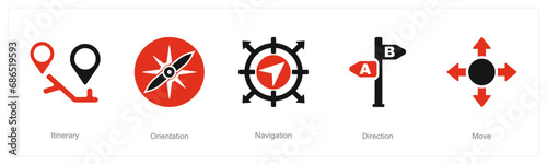 A set of 5 Direction icons as itinerary, orientation, navigation