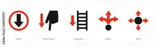 A set of 5 Direction icons as down, point down, descend