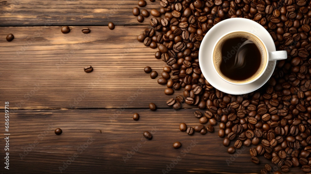 hot coffee cup on a wooden table with coffee beans, top view, copy space for text, black coffee, Espresso, Cappuccino, hot chocolate drink hot coffee cup on a wooden table with coffee beans, top view, copy space for text, black coffee, Espresso, Cappuccino, hot chocolate drink