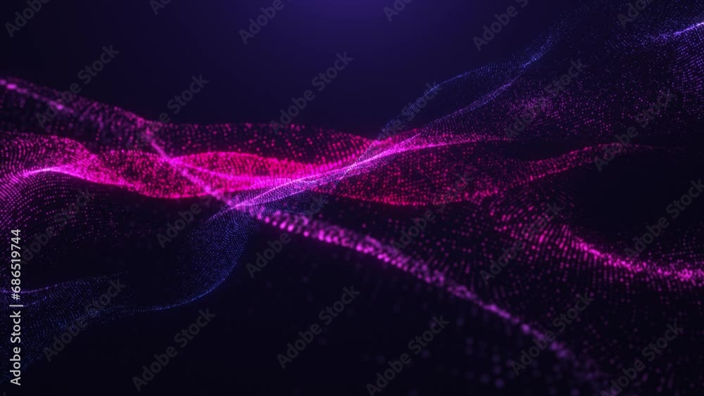 Abstract digital dynamic particle waves with light motion lights background, data flow, cyber technology. 3D rendering. Seamless loop 4k video. Screensaver video animation.