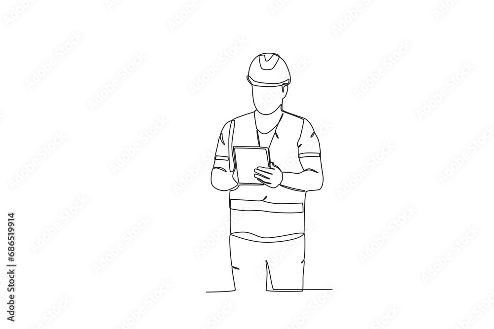 Continuous one line drawing Warehouse employee who is listing goods. Single line draw design vector graphic illustration

