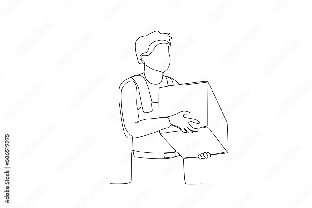 Continuous one line drawing employee who is lifting the package in the warehouse. Single line draw design vector graphic illustration
Continuous one line drawing employee who is lifting the package in the warehouse. Single line draw design vector graphic illustration