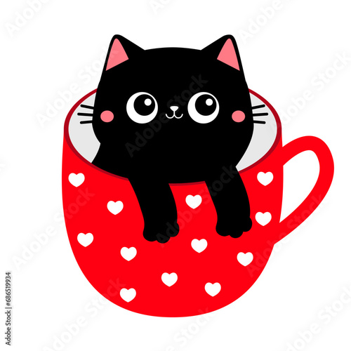 Cat in red heart tea coffee cup. Paws hand. Happy Valentines Day. Black kitten. Cute cartoon funny baby animal pet character. Love greeting card. Flat design. White background.