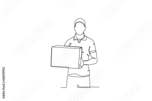 Continuous one line drawing courier who will deliver the package to the customer. Single line draw design vector graphic illustration 