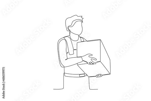 Continuous one line drawing employee who is lifting the package in the warehouse. Single line draw design vector graphic illustration
