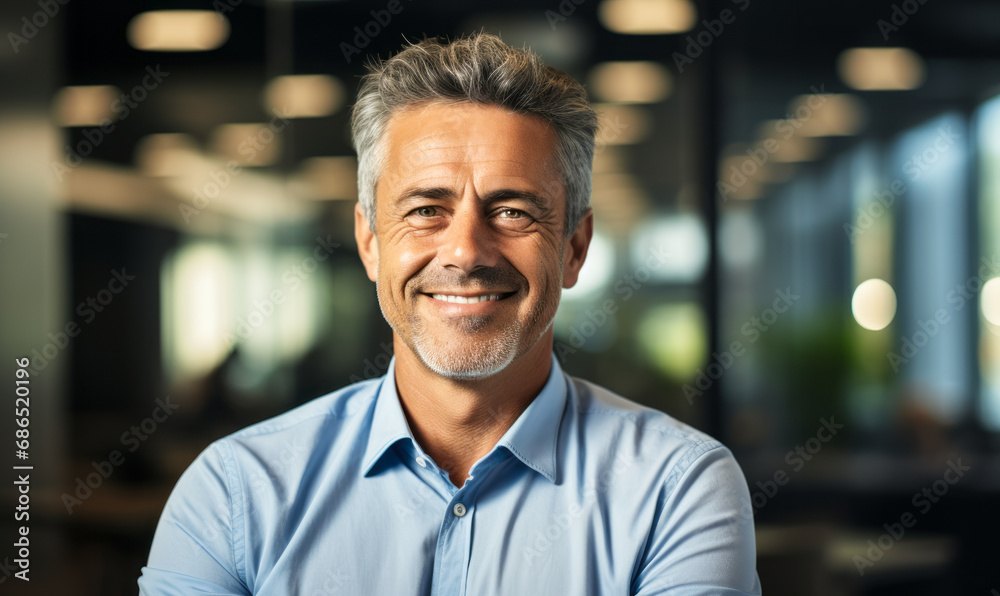 Confident Mature Businessman Smiling in Office Setting, Portrait of a Professional Executive with Grey Hair and Blue Shirt. Confident Mature Businessman Smiling in Office Setting, Portrait of a Professional Executive with Grey Hair and Blue Shirt.