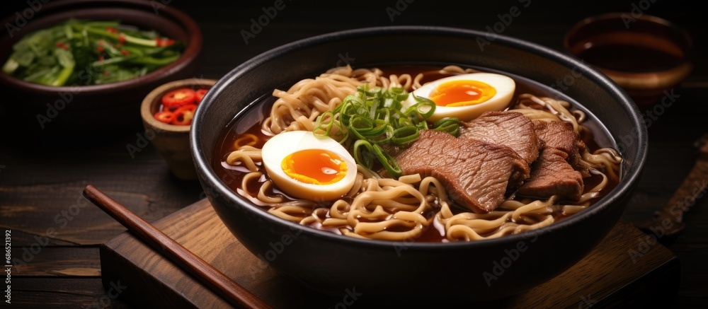 Asian-style brown soup with braised duck and egg noodles.