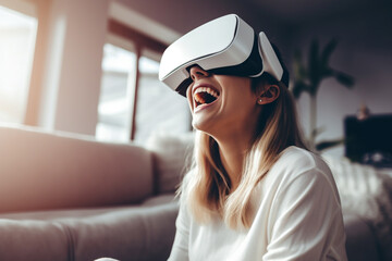 Happy joyful woman wearing VR glasses to play games, watch video on comfy white living room. Happy Laughing young woman using virtual reality glasses at home. Generative AI.