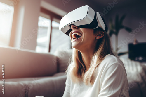 Happy joyful woman wearing VR glasses to play games, watch video on comfy white living room. Happy Laughing young woman using virtual reality glasses at home. Generative AI. photo