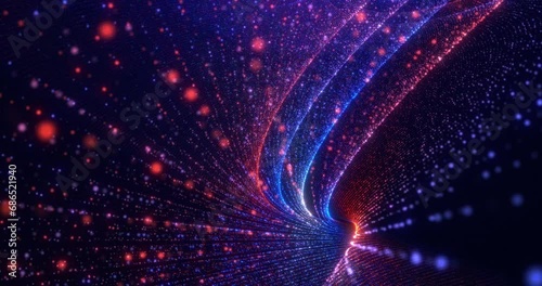 Colorful high-tech background with luminous particles, a swirling surface of dots forming a complex spiral structure. sci-fi digital space, particles form lines and surface waves. Abstract background.