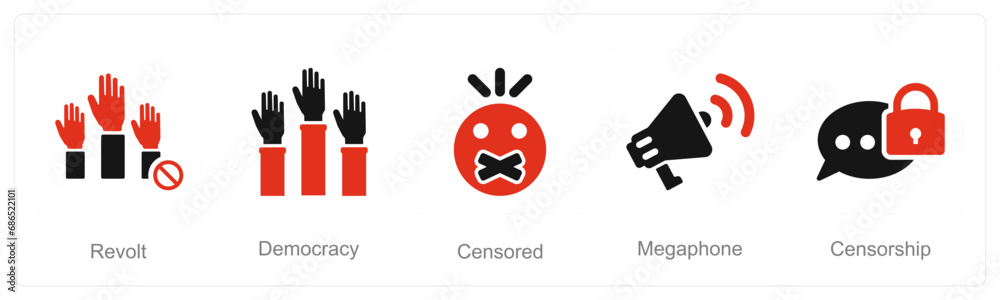 A set of 5 Freedom of Speech icons as revolt, democracy, censored A set of 5 Freedom of Speech icons as revolt, democracy, censored