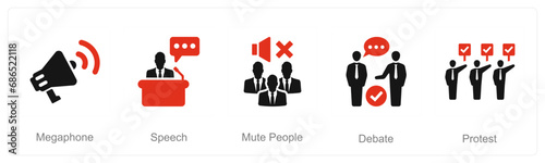 A set of 5 Freedom of Speech icons as megaphone, speech, mute people