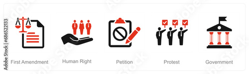 A set of 5 Freedom of Speech icons as first amendment, human right, petition