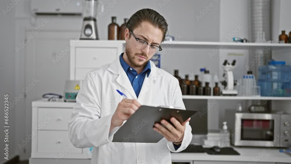 Young hispanic man scientist writing report standing at laboratory Young hispanic man scientist writing report standing at laboratory