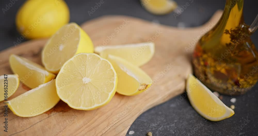 Sliced lemon fruit on a wooden cutting board at domestic kitchen Sliced lemon fruit on a wooden cutting board at domestic kitchen
