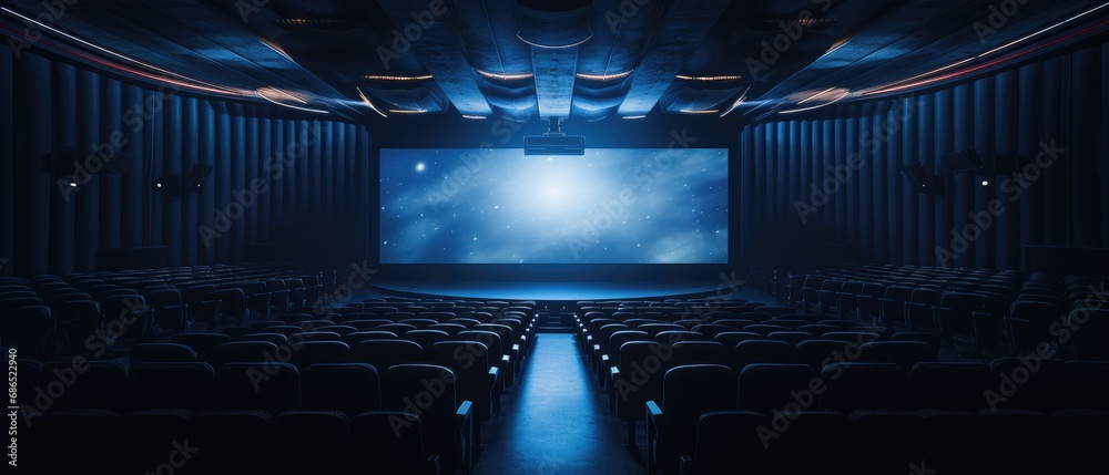 Fototapeta premium Cinema hall with empty seats and projector screen. Entertainment and leisure.