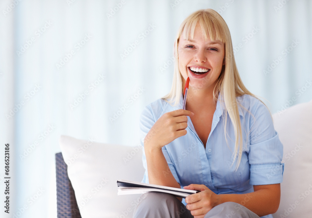 Portrait, documents and business woman on a sofa in an office with a mindset of future company growth. Smile, planning or strategy and a happy young employee with papers in the workplace lounge Portrait, documents and business woman on a sofa in an office with a mindset of future company growth. Smile, planning or strategy and a happy young employee with papers in the workplace lounge