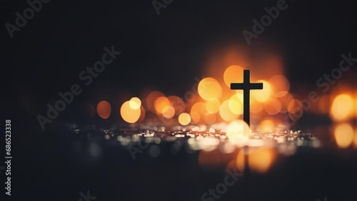 Softly shining beautiful electric light, the holy cross of Jesus Christ, church service, quiet prayer and meditation time, candle bokeh background
 photo
