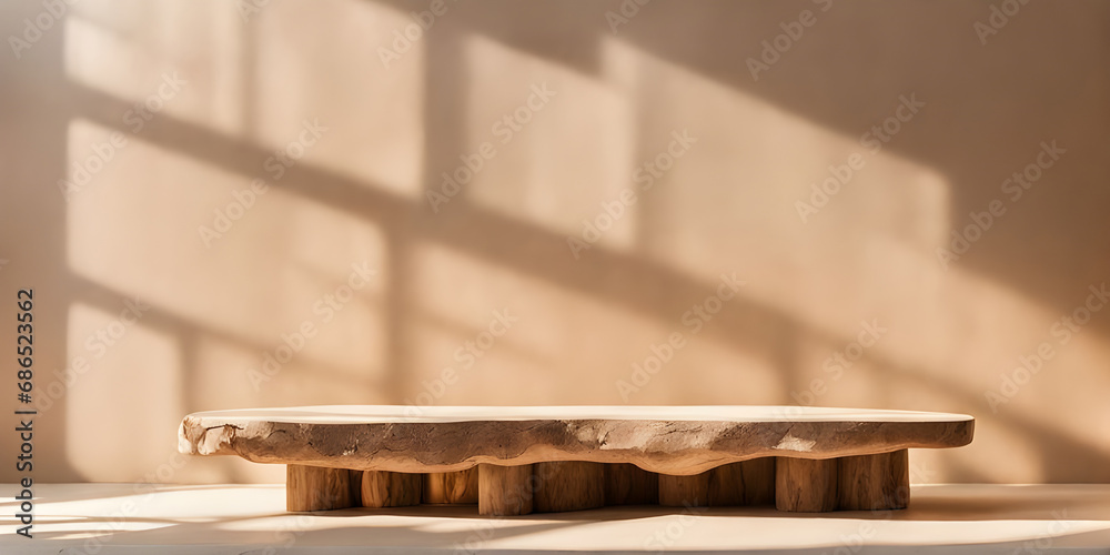 Natural log wood podium table in sunlight, tropical tree shadow. product display background. Natural log wood podium table in sunlight, tropical tree shadow. product display background.