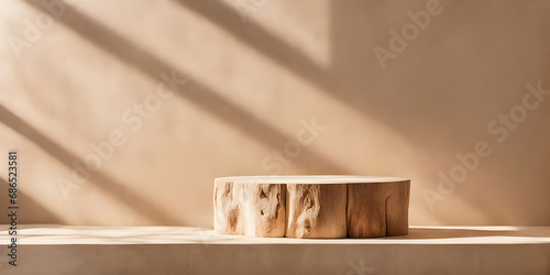 Natural log wood podium table in sunlight, tropical tree shadow. product display background. photo