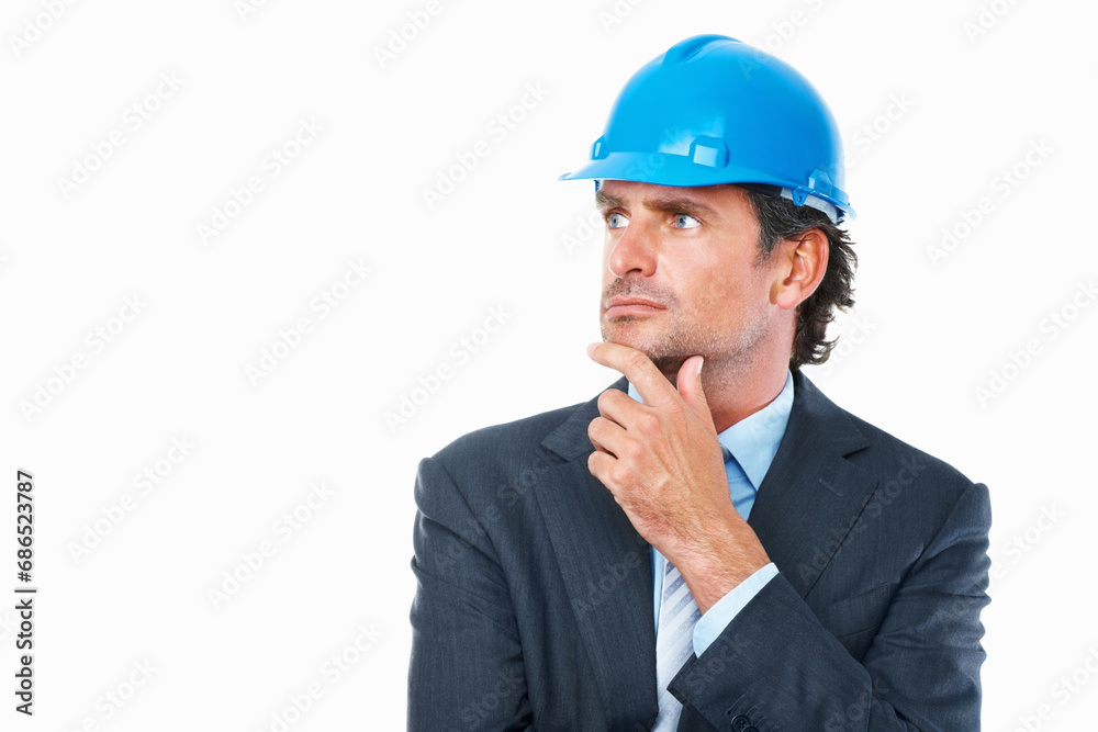 Architecture, thinking and man in studio with project mockup, construction inspection or real estate planning. Mature manager or engineering expert with design ideas and goals on a white background Architecture, thinking and man in studio with project mockup, construction inspection or real estate planning. Mature manager or engineering expert with design ideas and goals on a white background
