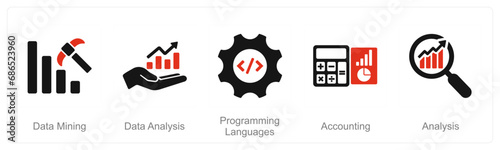 A set of 5 Hard Skills icons as data mining, data analysis, programming languages