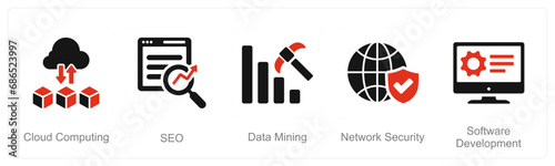 A set of 5 Hard Skills icons as cloud computing, seo, data mining