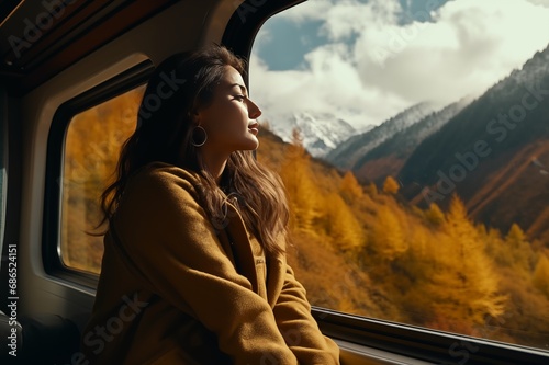 Female traveler hang out of train window and looking at beautiful landscape of mountains