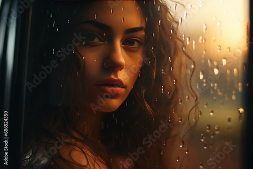 Close up portrait of beautiful adult woman sitting in car and looking out through wet window