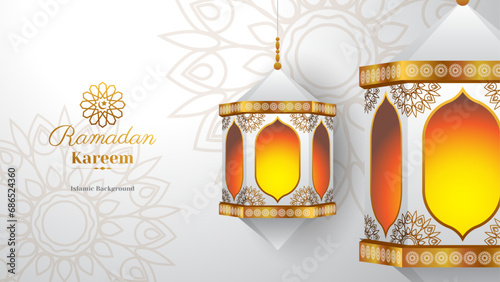 white and gold islamic background with lantern and mandala decoration for ramadan kareem, eid al-fitr, eid al-adha, etc.