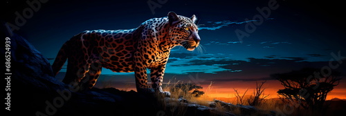 leopard on a moonlit night, its spotted coat blending seamlessly with the shadows as it readies itself to pounce on unsuspecting prey.