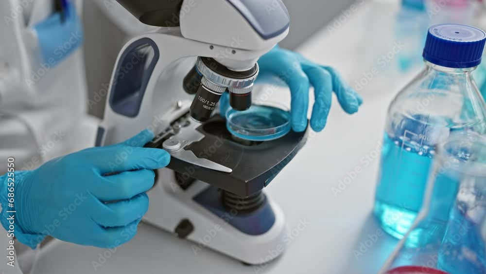 Young hispanic man scientist looking sample with microscope at laboratory Young hispanic man scientist looking sample with microscope at laboratory