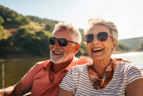 Senior couple smiling together on a boat with a river and hills in the background on a sunny day.