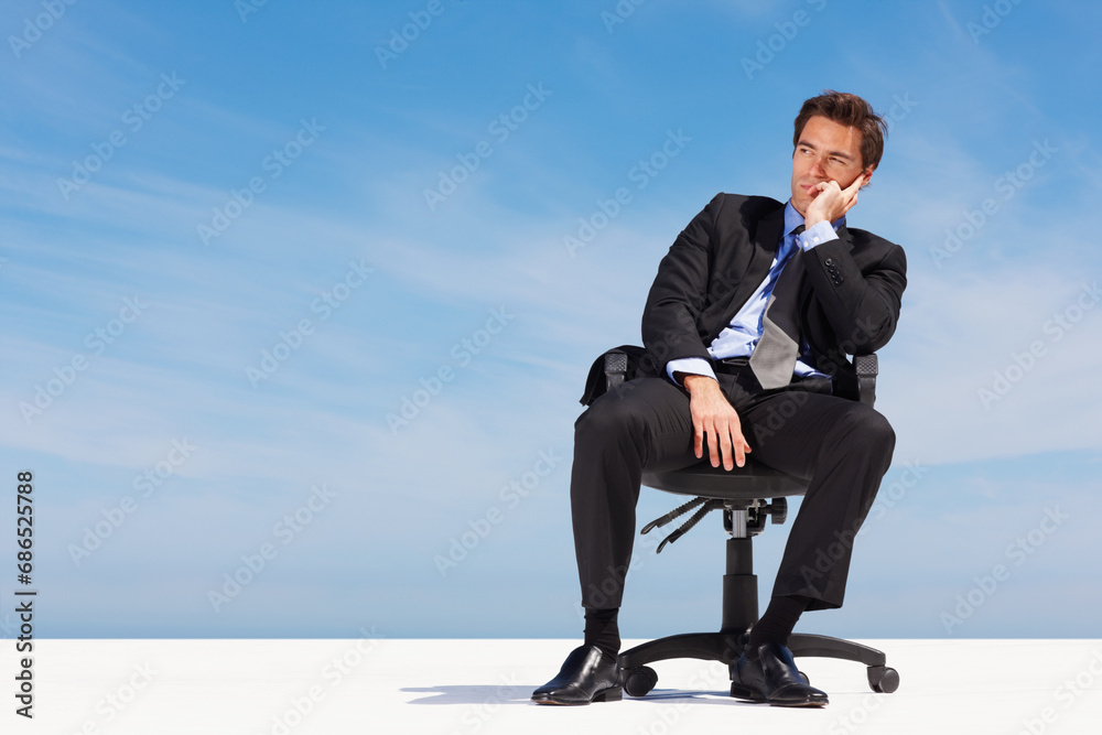 Sky, space and a business man thinking on a chair for planning with vision for the future of his company. Corporate, idea and mockup with a young employee in a suit on a cloudy blue background Sky, space and a business man thinking on a chair for planning with vision for the future of his company. Corporate, idea and mockup with a young employee in a suit on a cloudy blue background