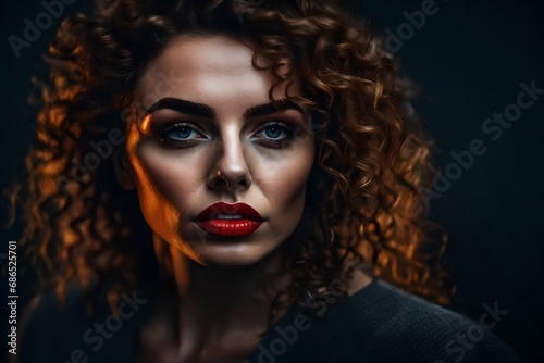 A beautiful Caucasian white woman with pale skin and red curly hair with a very serious expression on her face