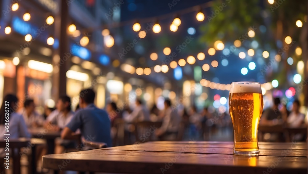 A glass of cold beer at an open-air pub, bokeh in the background_Generative AI