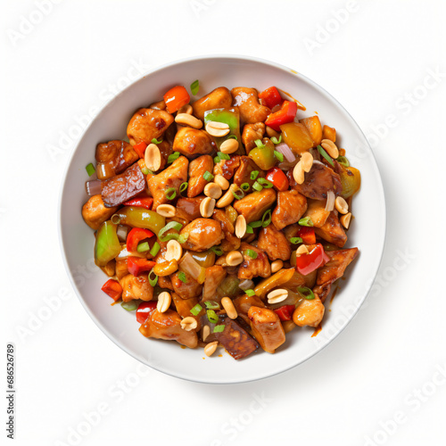 Top view of Chinese food Kung Pao isolated on white background