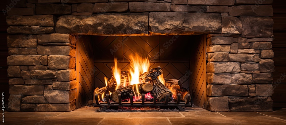 Fire in a pale stone and wood fireplace.