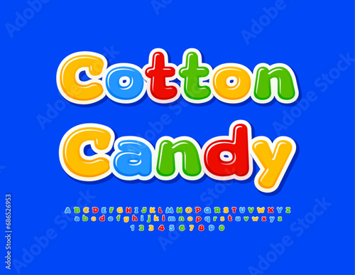 Vector bright sign Cotton Candy. Colorful Glossy Font for Kids. Creative Alphabet Letters, Numbers and Symbols.