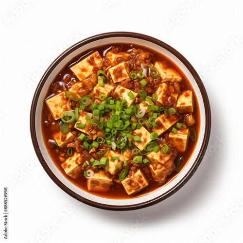 Top view of Chinese food Mapo Tofu isolated on white background
