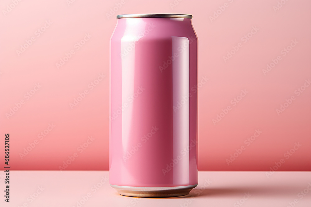 Pink tin can for drinks on the background. Mockup for copy space and logo application Pink tin can for drinks on the background. Mockup for copy space and logo application