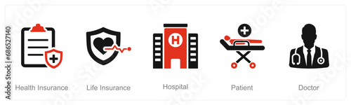 A set of 5 Health Checkup icons as health insurance, life insurance, hospital