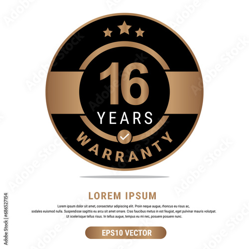 16 Year warranty vector art illustration in emas color with fantastic font and white background. Eps10 Vector