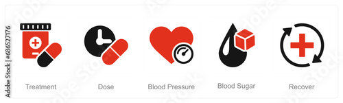 A set of 5 Health Checkup icons as treatment, dose, blood pressure