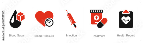 A set of 5 Health Checkup icons as blood sugar, blood pressure, injection